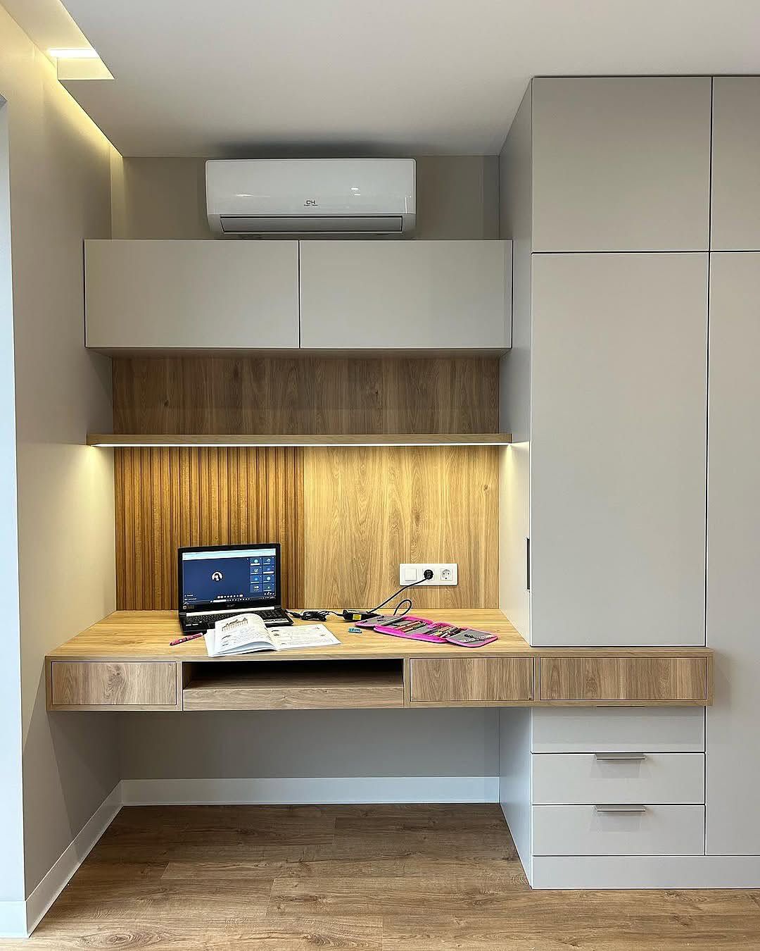 ست کمد، میز تحریر و کتابخانه با MDF حرفه‌ای و رنگ ترکیبی چوب و سفید